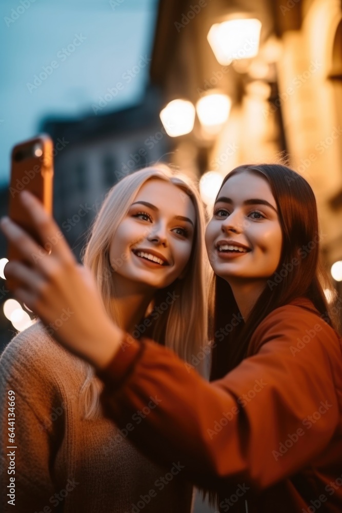 shot of two young women talking while taking selfies on a phone