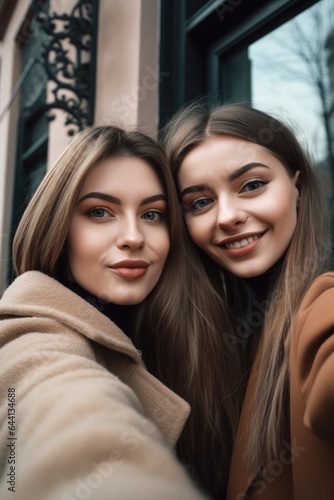 shot of two young woman taking a selfie together outside