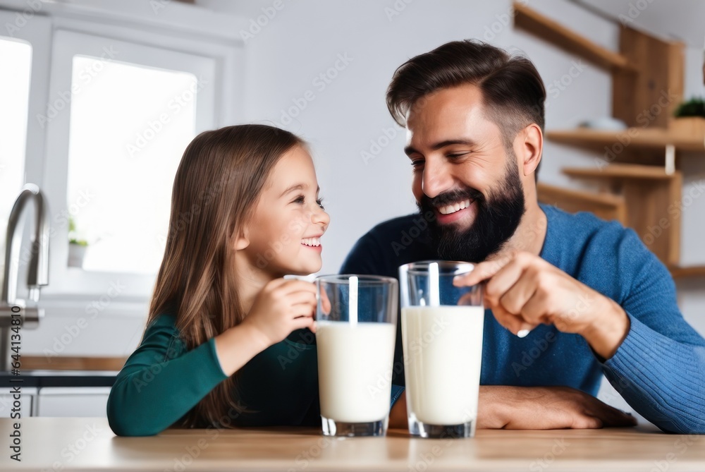 Happy positive Husband and Daughter drinking milk in den, holding glasses, keeping healthy hydration, diet, lifestyle, caring fo . Caring for family health, wellbeing Happy positive Husband and Daughter drinking milk in den, holding glasses, keeping healthy hydration, diet, lifestyle, caring fo . Caring for family health, wellbeing