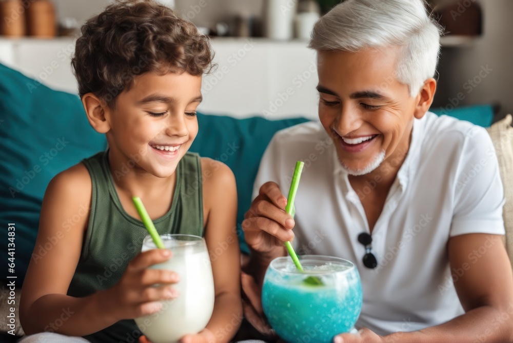Happy positive Nephew and Grandson drinking coconut water in den, holding glasses, keeping healthy hydration, diet, lifestyle, c . Caring for family health, wellbeing Happy positive Nephew and Grandson drinking coconut water in den, holding glasses, keeping healthy hydration, diet, lifestyle, c . Caring for family health, wellbeing