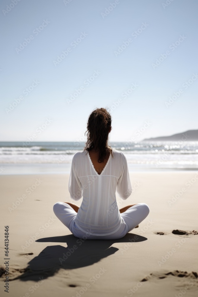 rearview shot of a young woman meditating at the beach