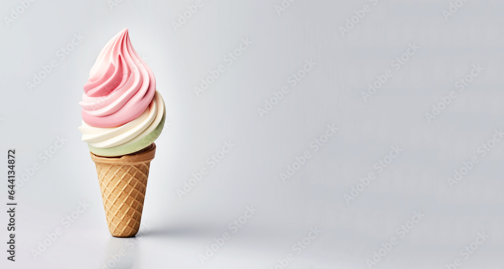 Pink amd white ice cream cone with swirl splash. Ads promo poster with icecream in waffle cup on white background. Sweet creamy dessert, dairy frozen summer dessert. Banner for design. AI generated Pink amd white ice cream cone with swirl splash. Ads promo poster with icecream in waffle cup on white background. Sweet creamy dessert, dairy frozen summer dessert. Banner for design. AI generated