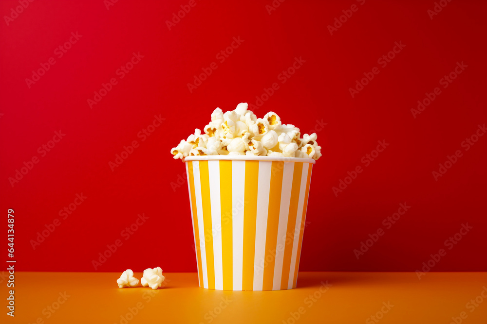 Popcorn box on the red and orange background. Popcorn in a bright glass. Popcorn minimal backdrop. Cinema concept. Snack food. Big yellow white strip box.  AI generated