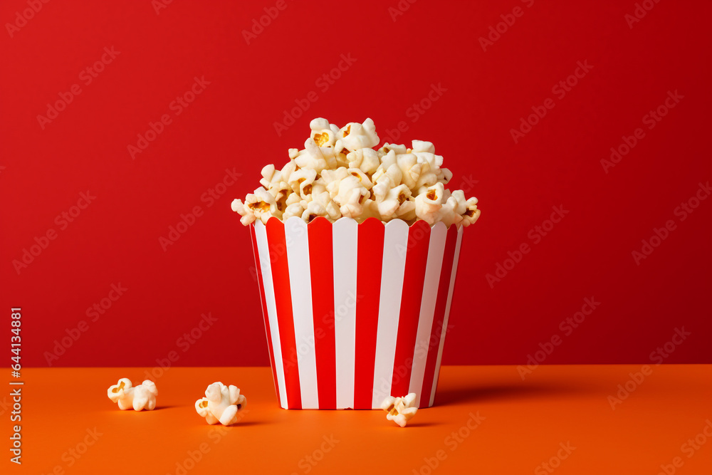 Popcorn box on the red background. Popcorn in a bright glass. Popcorn minimal backdrop. Cinema concept. Snack food. Big red white strip box. AI generated