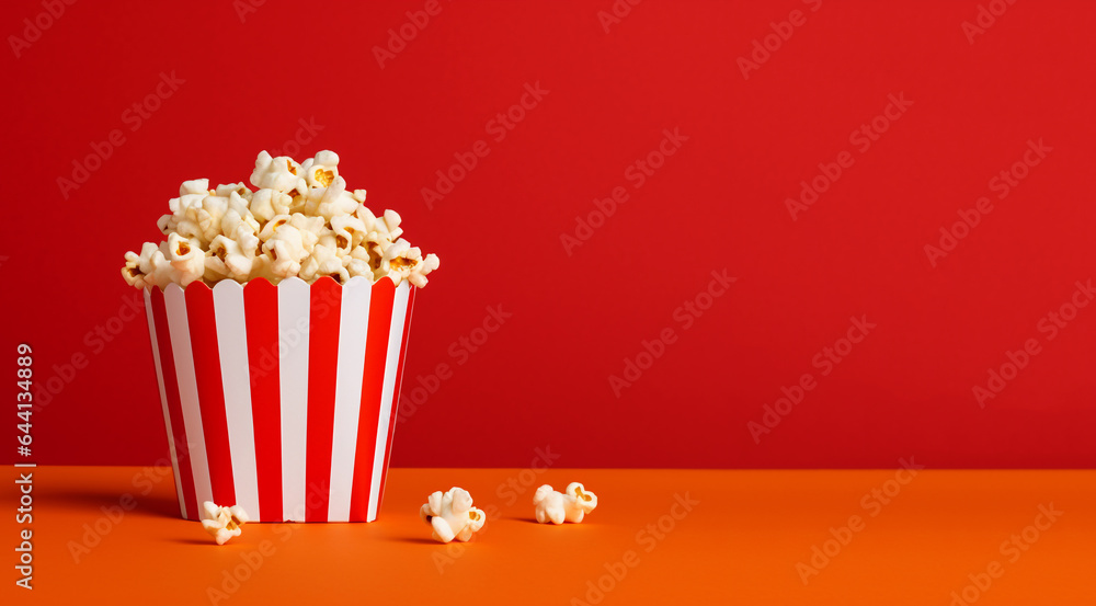 Popcorn box on the red background. Popcorn in a bright glass. Popcorn minimal backdrop. Cinema concept. Snack food. Big red white strip box. Banner for design.  AI generated
