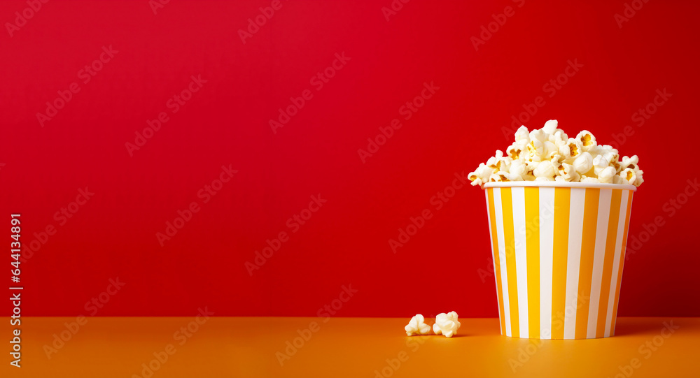 Popcorn box on the red and orange background. Popcorn in a bright glass. Popcorn minimal backdrop. Cinema concept. Banner for design. Snack food. Big yellow white strip box.  AI generated