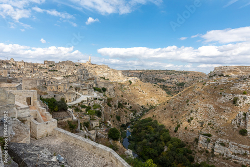 View of the Sassi di Matera a historic district in the city of Matera, well-known for their ancient cave dwellings. Basilicata. Italy