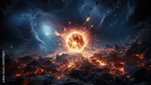 Supernova Burst. A cosmic explosion in space, emanating powerful shock waves and radiant energy.