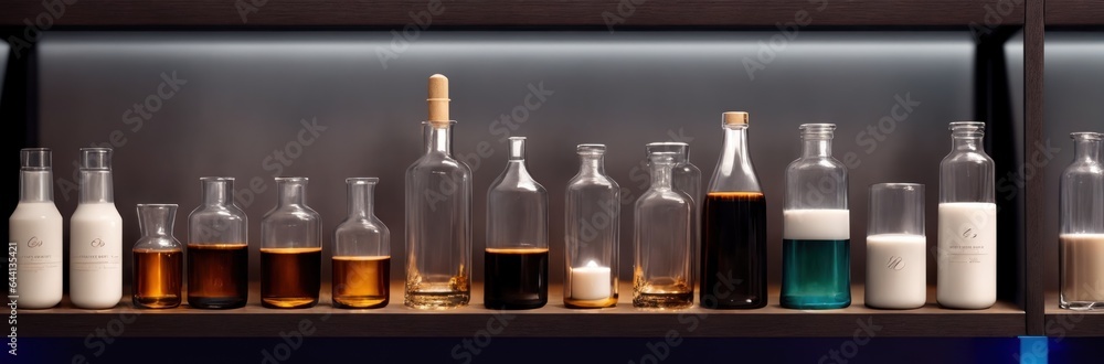 Close-up of a shelf with bottles in chemical laboratory. Various pills for medicine. Pharmaceutical concept of healthcare, pharma industry, medication and drugs production. Medical research Banner Close-up of a shelf with bottles in chemical laboratory. Various pills for medicine. Pharmaceutical concept of healthcare, pharma industry, medication and drugs production. Medical research Banner