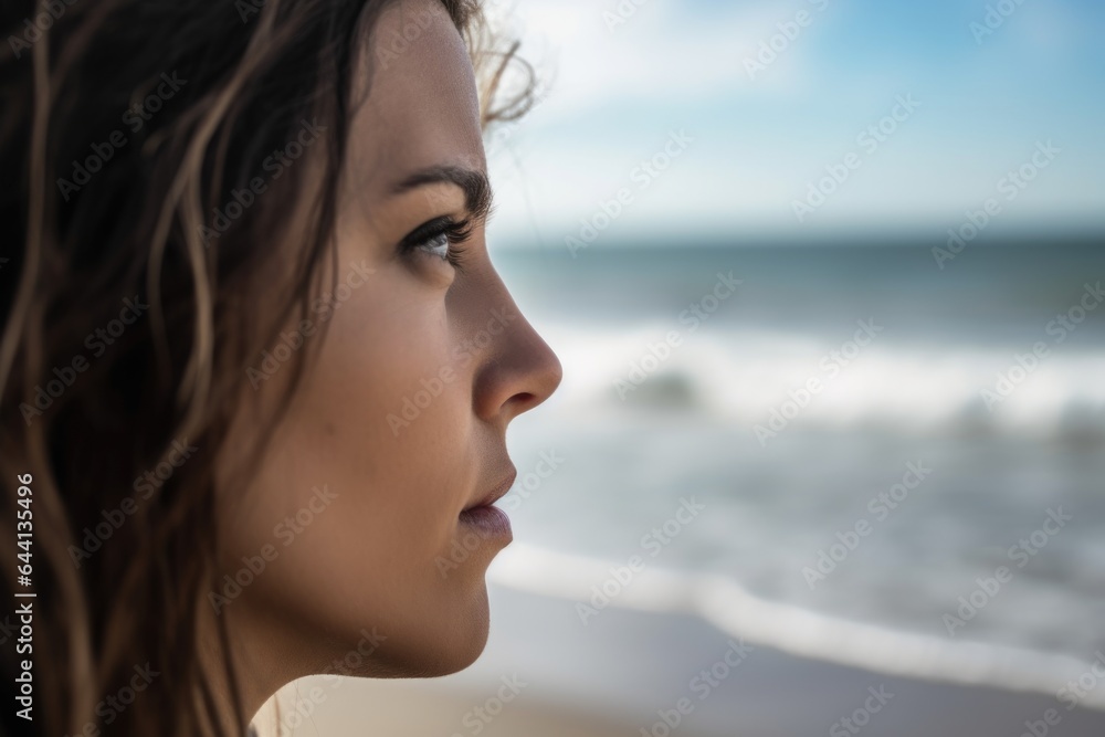 closeup shot of a woman looking out to the ocean on the beach