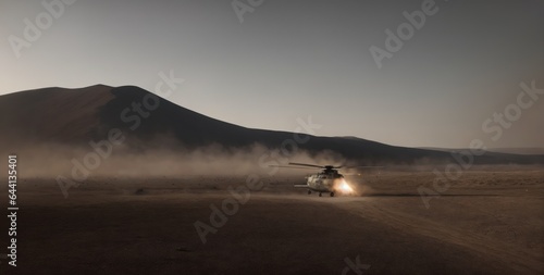 Military combat and war with helicopter landing in the chaos and destruction. Military helicopter crosses fire and smoke in the desert, explosions, steam, dust clouds Banner