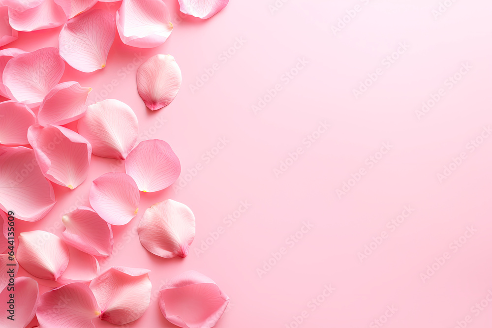 pink rose petals set on pink background. Top view. Copy space