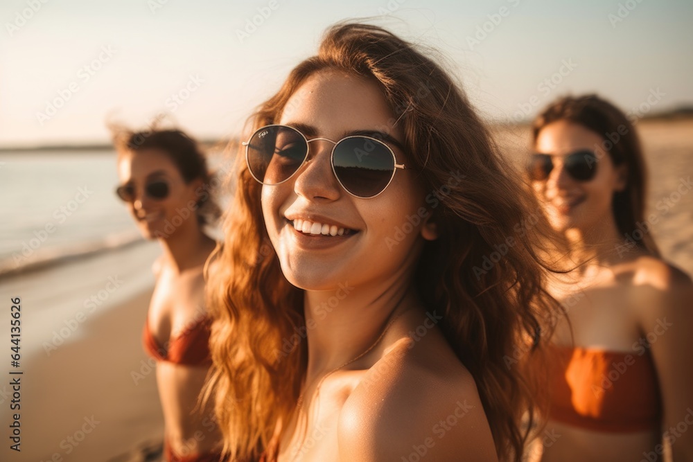 young woman having fun at the beach with her friends young woman having fun at the beach with her friends