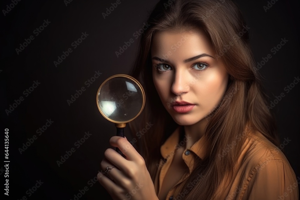 a beautiful young woman holding up a magnifying glass a beautiful young woman holding up a magnifying glass