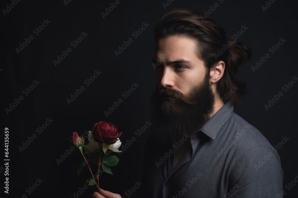 a stunning young man with a beard holding a flower a stunning young man with a beard holding a flower