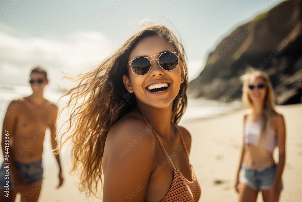 young woman having fun at the beach with her friends young woman having fun at the beach with her friends