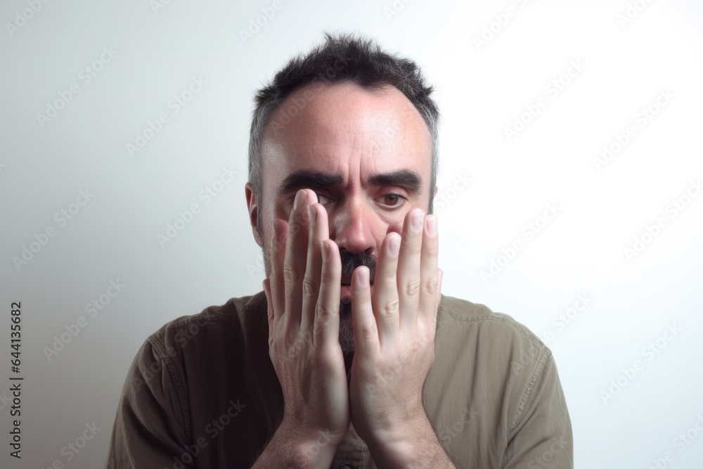 studio shot of a man holding his hand out in front of his face studio shot of a man holding his hand out in front of his face