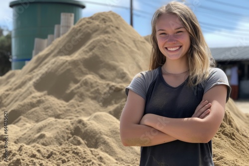 a young woman standing next to a pile of sand and smiling at camera © altitudevisual