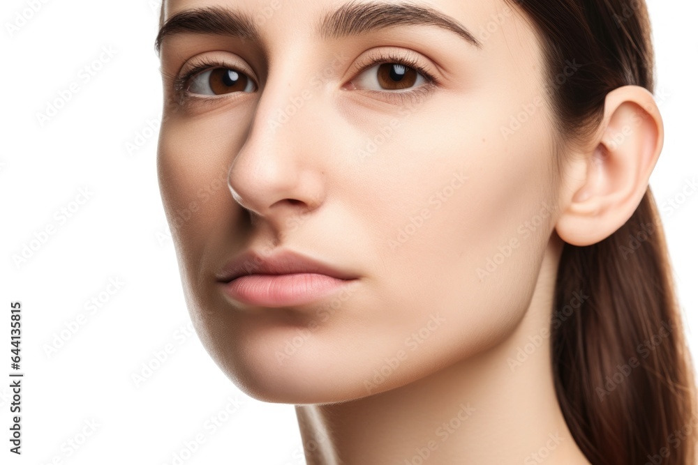 closeup studio shot of a woman with an exaggerated nose isolated on white closeup studio shot of a woman with an exaggerated nose isolated on white