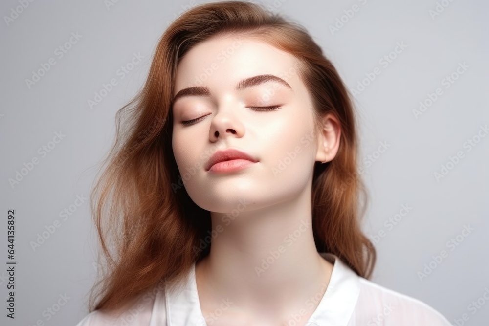 a studio portrait of a beautiful young woman with her eyes closed isolated on white