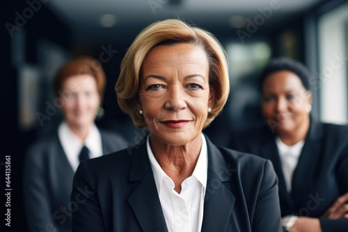 portrait of smiling senior businesswoman with interracial colleagues in background