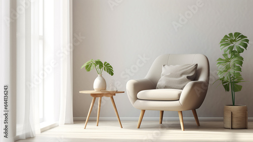 an armchair in a bright modern minimalist interior against a wall background.