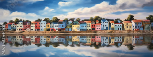 A row of colorful houses is reflected in the water landscape.