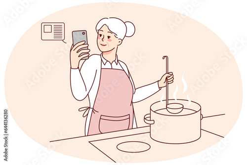 Elderly woman cooking soup at kitchen with online recipe on cellphone. Smiling modern old grandmother preparing food using cookbook or application on mobile. Vector illustration.