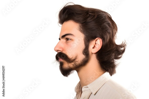 a young man with a mustache and sideburns isolated on white photo