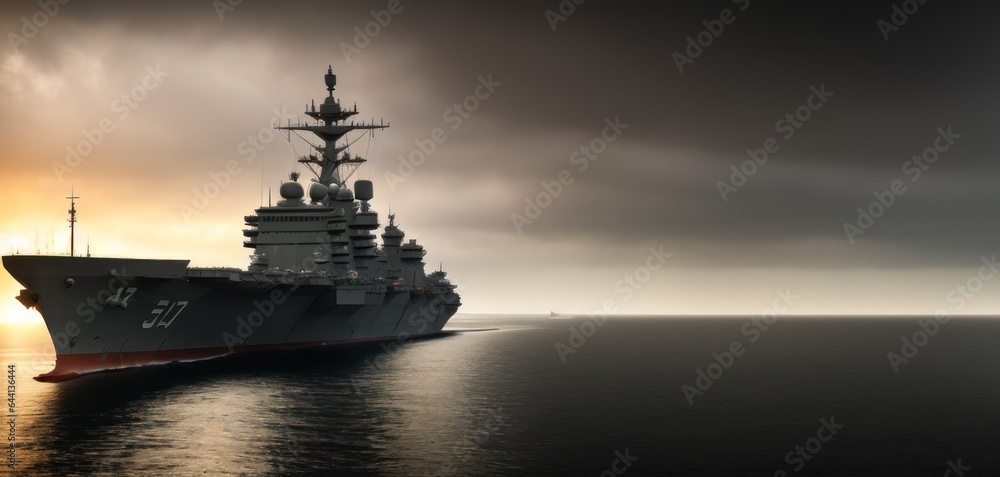 panoramic view of a generic military aircraft carrier ship with fighter jets take off. Nuclear ship Military navy war in sea or ocean carrier full loading fighter jet aircraft. Banner