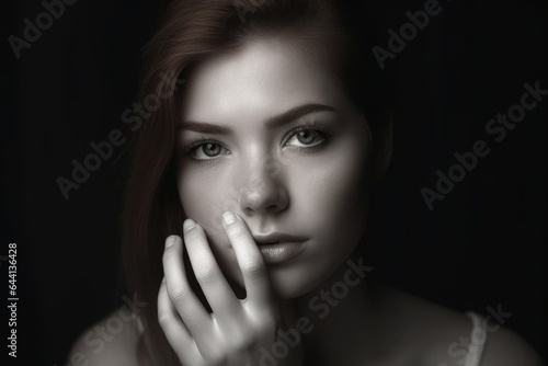 a beautiful young woman in her holding her face