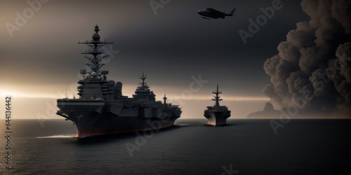 panoramic view of a generic military aircraft carrier ship with fighter jets take off. Nuclear ship Military navy war in sea or ocean carrier full loading fighter jet aircraft. Banner