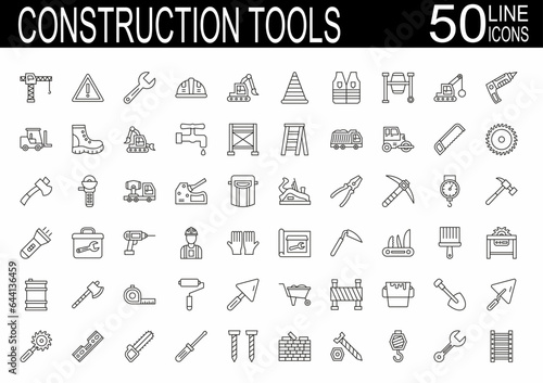 Construction line icons set. Home repair tools outline icons collection. Construction tools, builders and equipment symbols. Builder, crane, engineering, equipment, helmet, tool, house - Vector illust