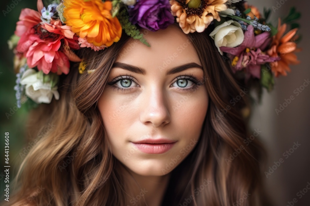 closeup portrait of a beautiful young woman wearing a flower crown closeup portrait of a beautiful young woman wearing a flower crown