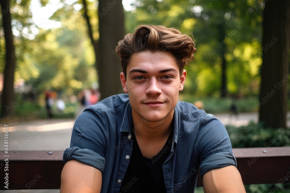 a handsome young man sitting on a bench outdoors a handsome young man sitting on a bench outdoors