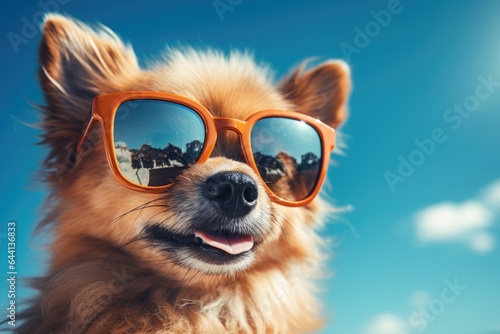 Happy Dog wearing sunglasses on beach against the blue sky, sunny day © DenisNata