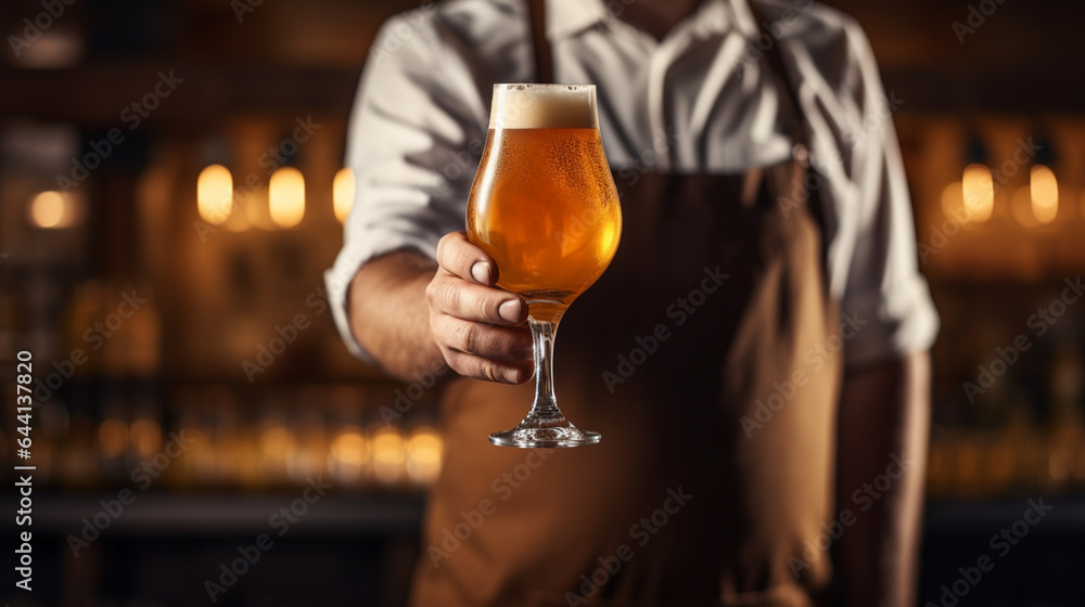 Freshly tapped beer. Bartender holding a freshly tapped glass of beer