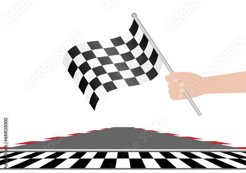 Checkered Flag in Hand Waving in Sport racing track Stadium. Racing Track with Start or Finish line. Go-kart track. Race track road. Vector Illustration. © BillionsPhoto