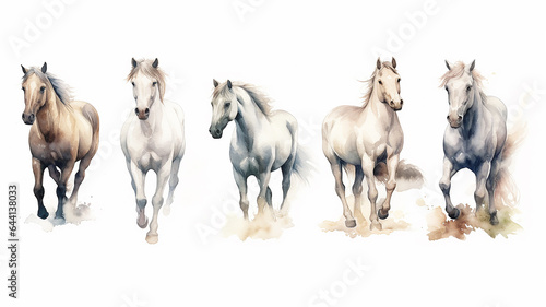 Collection of running horses on a white background watercolor drawing. © kichigin19