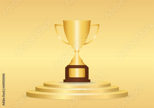 Golden Trophy Cup or Winner Cup Award on Stage Podium in Golden Background. Winner Podium. Champion and Winning or Celebration Concept. Vector Illustration.