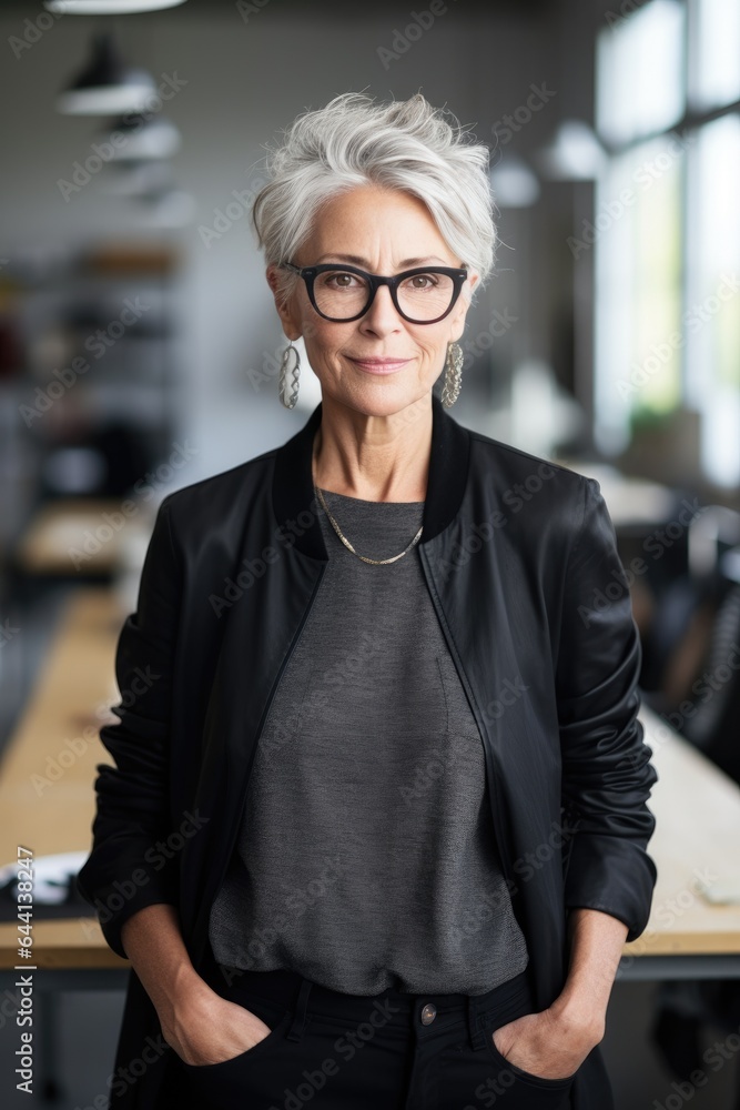 Senior fashion designer with grey hair standing in her office. Generative AI Senior fashion designer with grey hair standing in her office. Generative AI