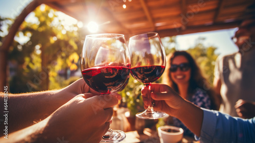 Friends toasting red wine glass and having fun