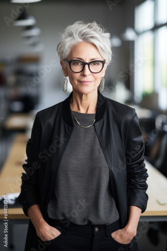 Senior fashion designer with grey hair standing in her office. Generative AI © piai