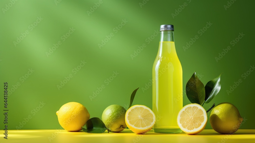 Electrolyte drink with cold pressed lemon and yuzu juice in a glass bottle, minimalist still life Electrolyte drink with cold pressed lemon and yuzu juice in a glass bottle, minimalist still life