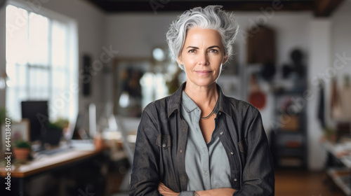 Senior fashion designer with grey hair standing in her office. Generative AI