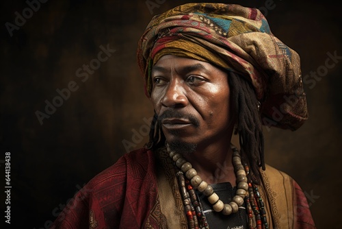portrait of an ethnic looking man in a traditional cultural outfit