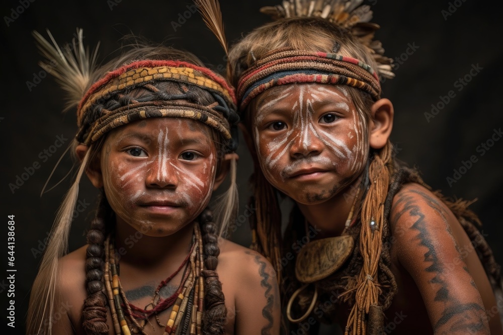 portrait of two kids wearing traditional face paint and costume