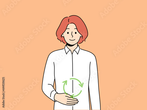 Woman with symbol of digestion near stomach, smiling and looking at screen, recommending to take care of gastrointestinal tract. Concept of caring for digestion and intestinal microbiota