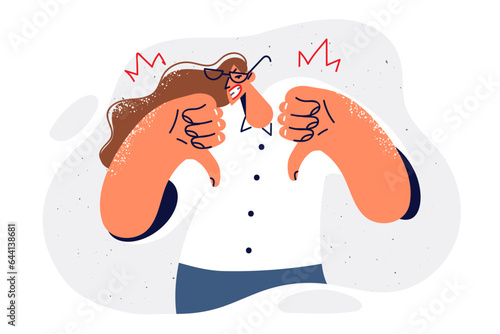 Woman manager getting angry and showing thumbs down, nervous due to unprofessionalism subordinates