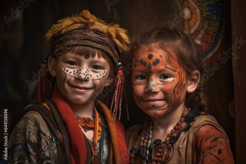 portrait of two kids wearing traditional face paint and costume